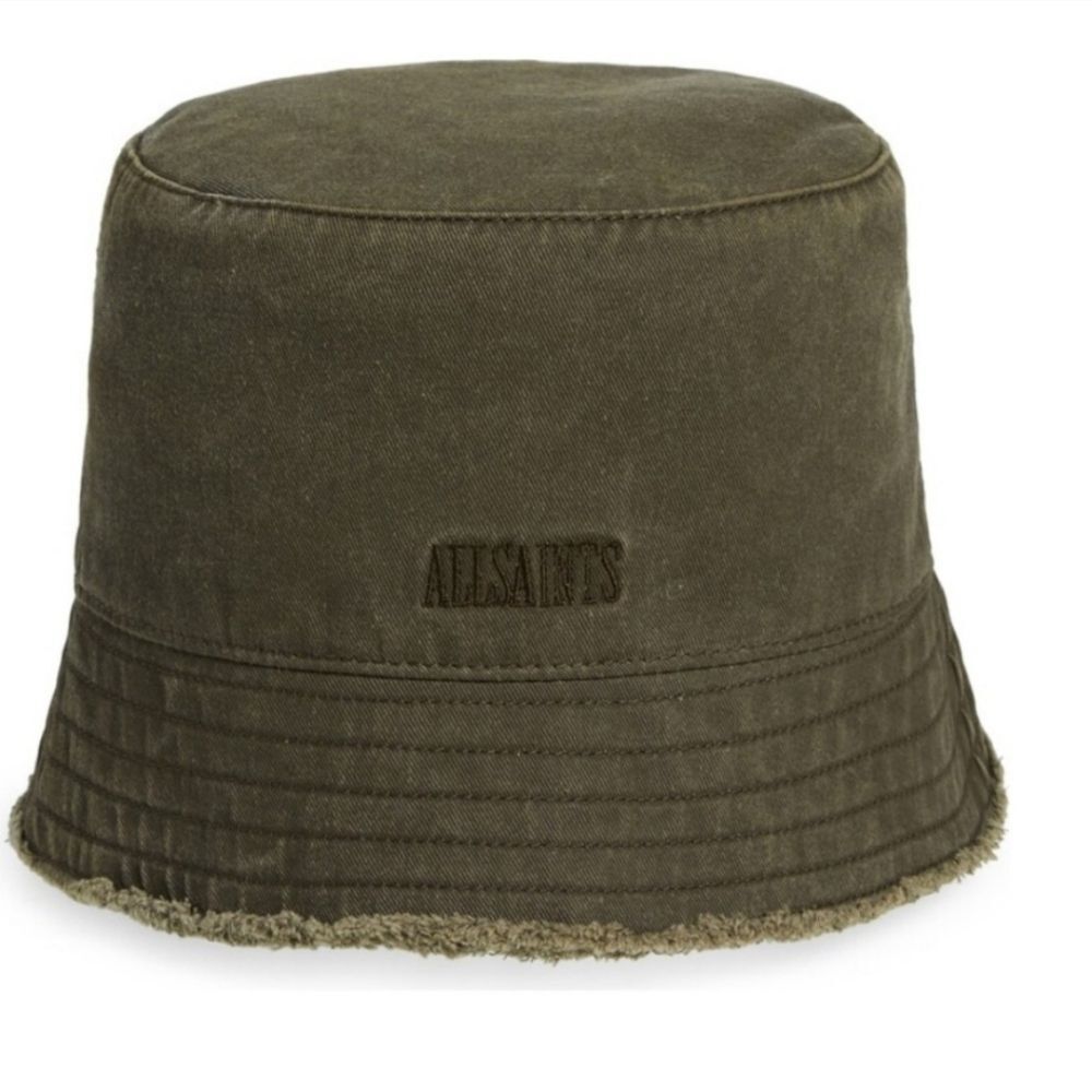 AllSaints Frayed Edge Bucket Hat Olive Green Spellout